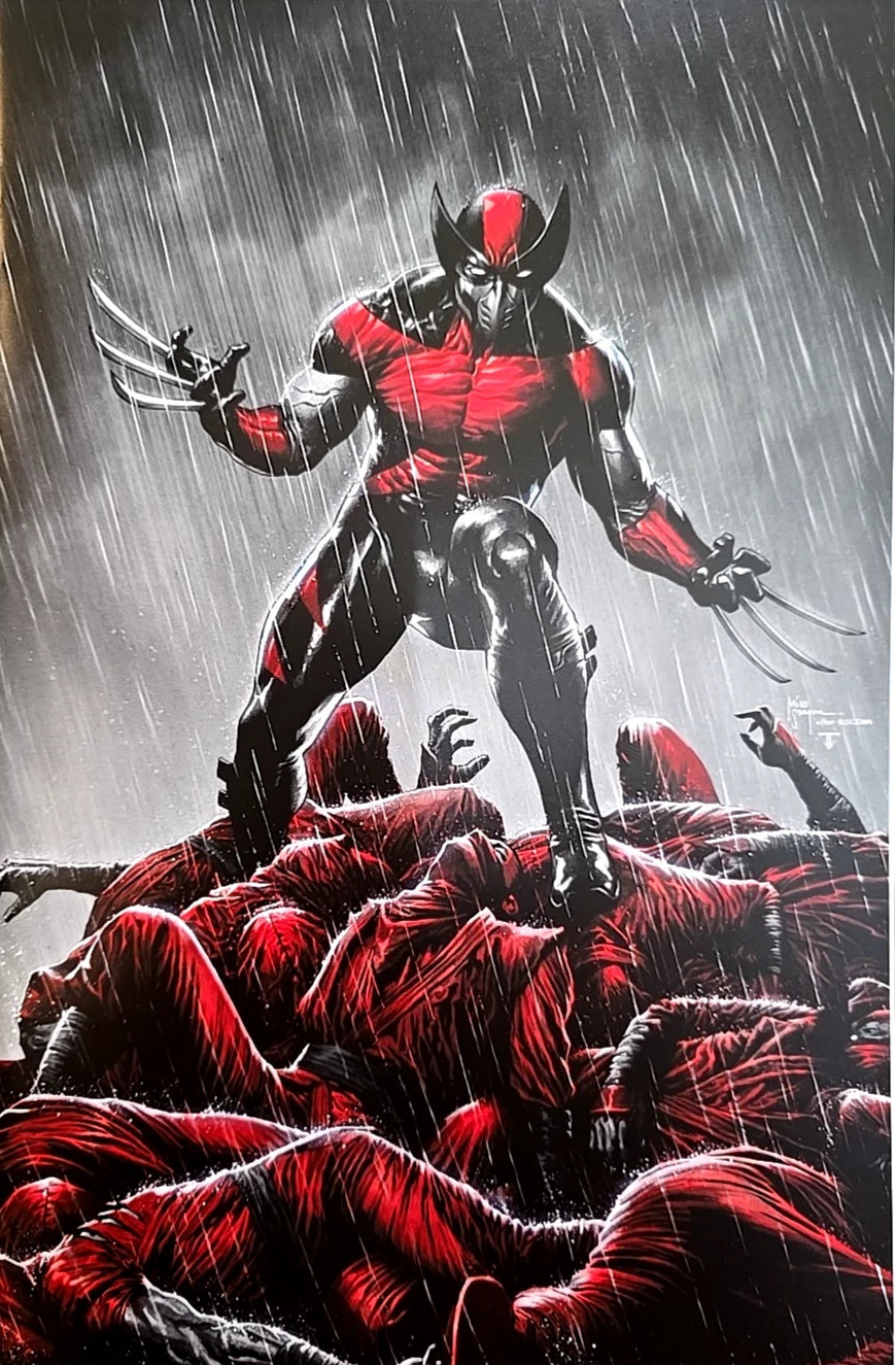 Superhero in red and black costume standing over defeated enemies in a rainstorm