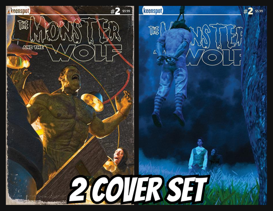 Two covers of 'The Monster and the Wolf' comic book set with a muscular figure and a creature in a dark setting.