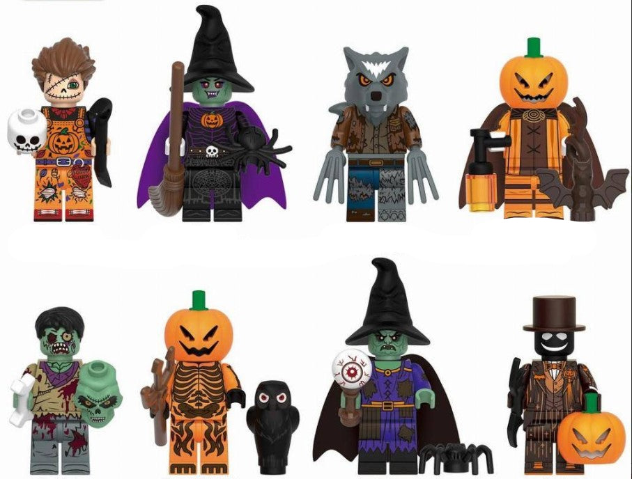 Halloween Haunts Custom Minifig Set (8-Pack) – Witch, Werewolf, Pumpkinhead, Zombie & More