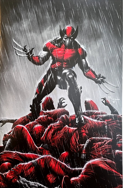 Superhero in red and black costume standing over defeated enemies in a rainstorm